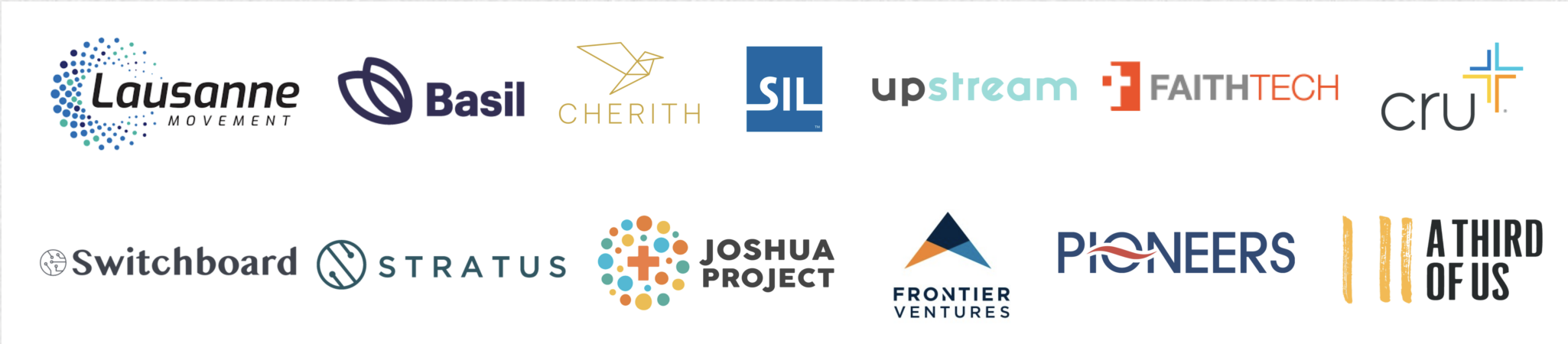 Partner logos including Lausanne Movement, Basil, Cherith, SIL, Upstream, FaithTech, Cru, Switchboard, Stratus, Joshua Project, Frontier Ventures, Pioneers, and A Third of Us